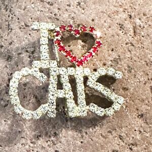 Vintage Estate I Love Cats Red Heart Rhinestone Silver Plated Pin Brooch 80s